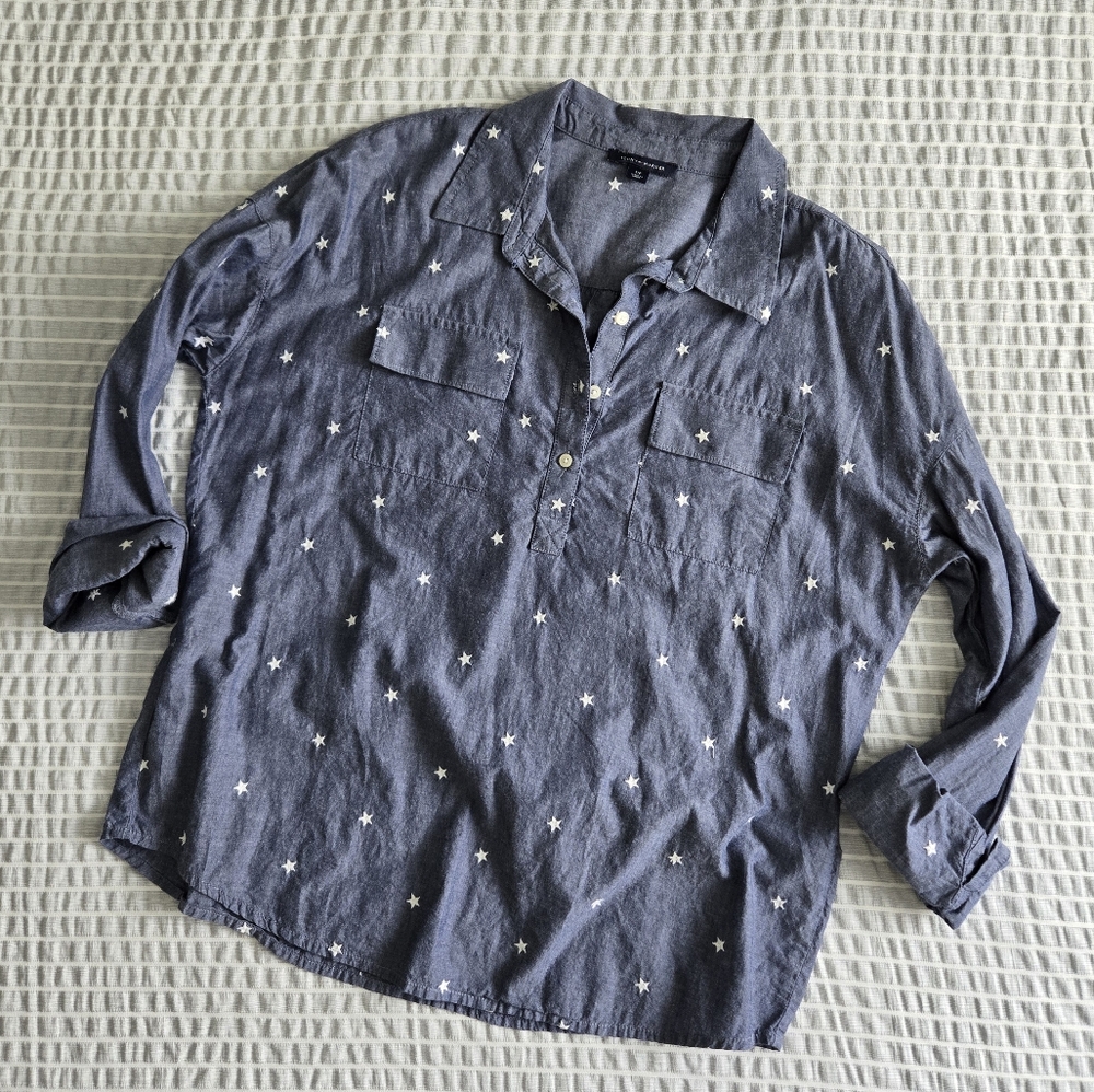 Tommy Hilfiger Shirt Embroidery Stars Lightweight Cotton Quarter Button